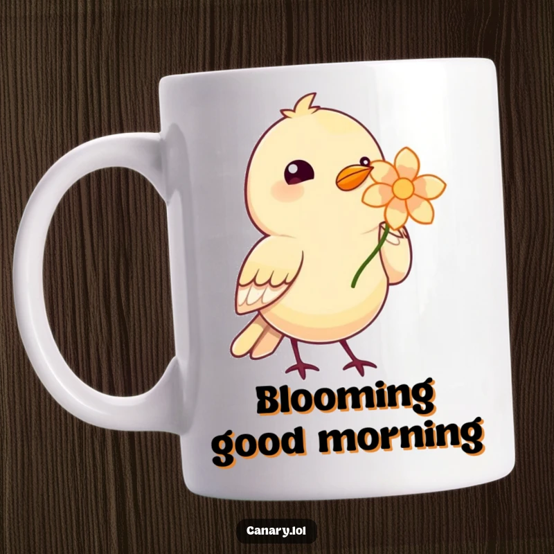 Funny Bird Flower Mug featuring a cute bird holding a single bright flower in its beak, offering a sweet surprise.