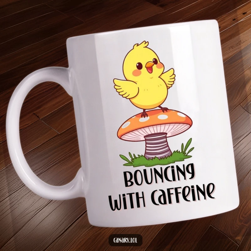 Funny Canary Mushroom Mug features a happy canary joyfully bouncing on a colorful, springy mushroom cap.