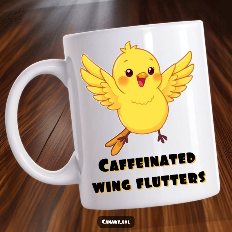 Funny kawaii canary bird mug, fluttering its wings with playful energy, a humorous and delightful design.