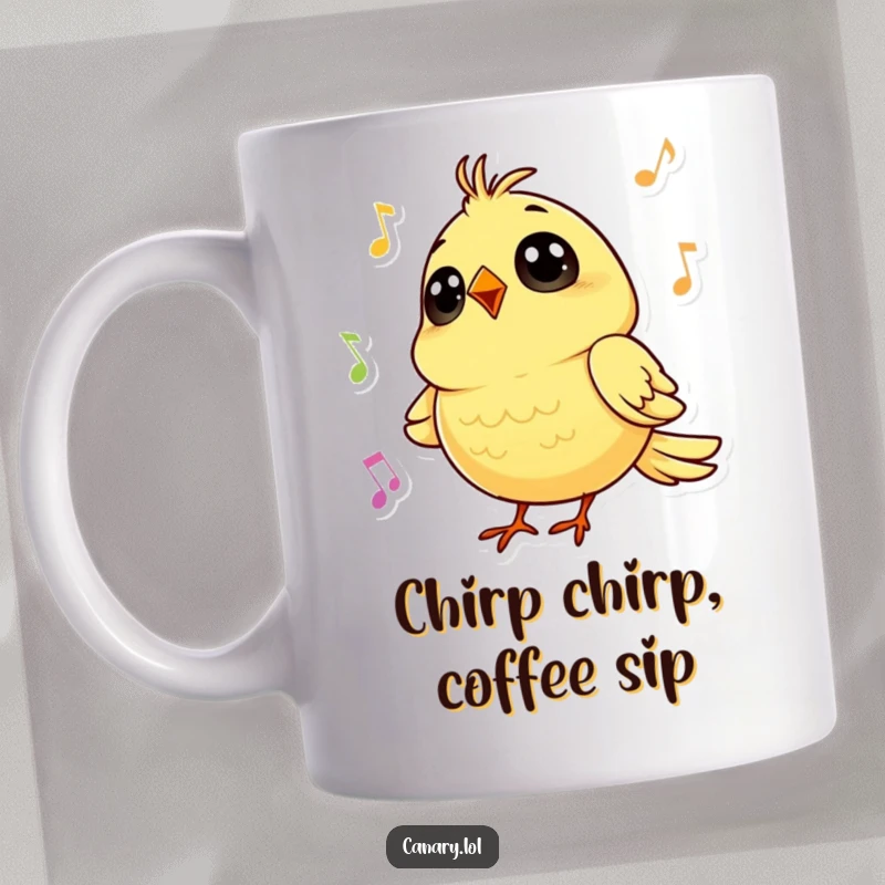 Funny mug featuring a tiny canary with big, round eyes singing a cheerful tune, radiating happiness and melody.