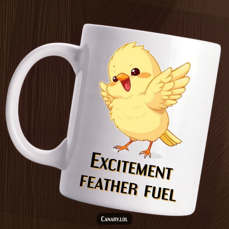 Funny Mug featuring a fluffy canary bird playfully fluttering its wings with visible excitement and happiness.