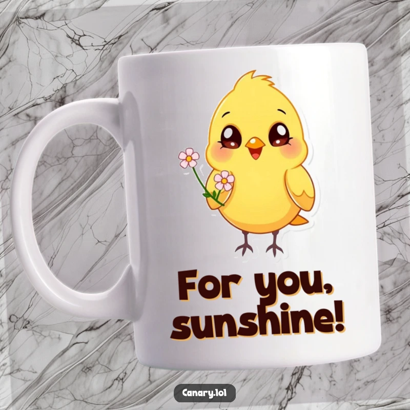 Funny happy canary bird mug, bright eyes, offering a tiny flower, cheerful avian gift, heartwarming design.