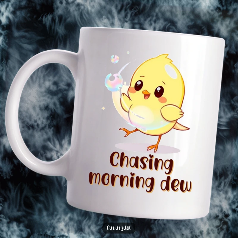 Funny Mug featuring a yellow canary playfully leaping towards a shimmering, iridescent bubble, caught in a moment of pure fun.