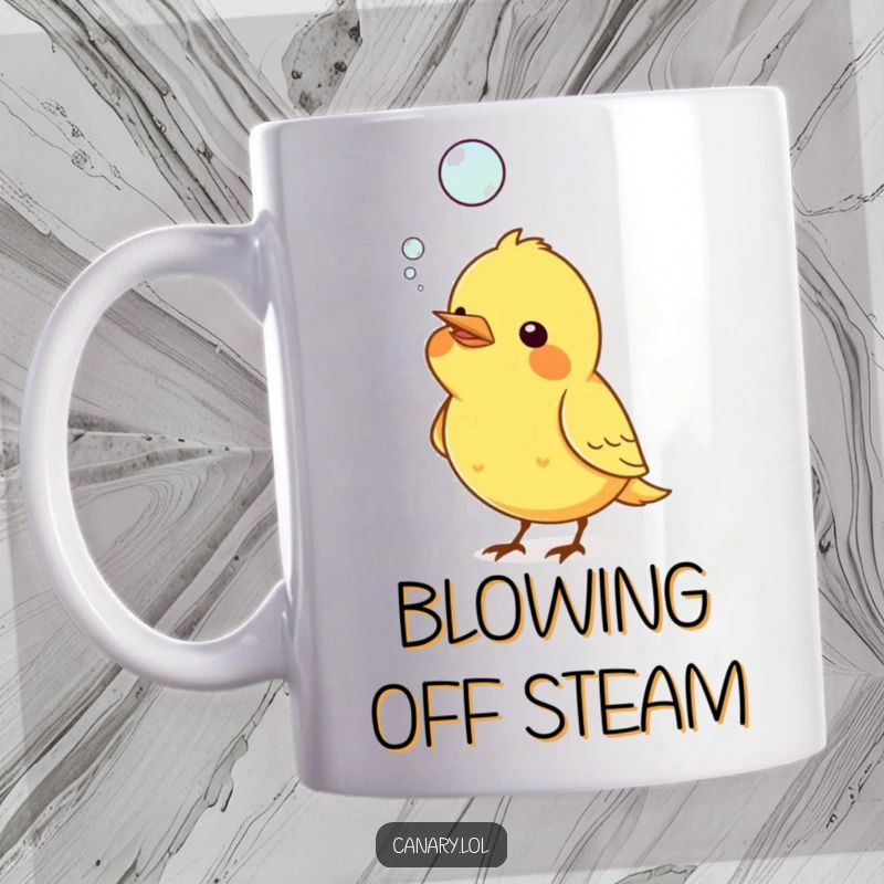 Funny mug depicting a small canary bird blowing a large, iridescent bubble from its beak that floats upwards.