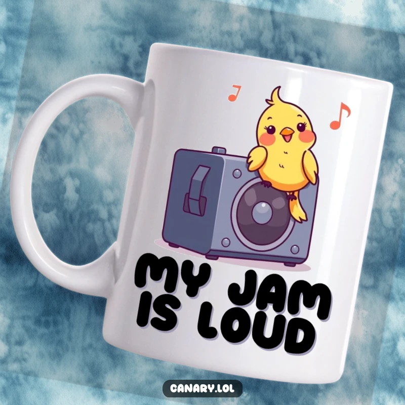 Funny cheerful canary perched on a speaker, bobbing its head rhythmically to unseen music, a delightful and humorous image.