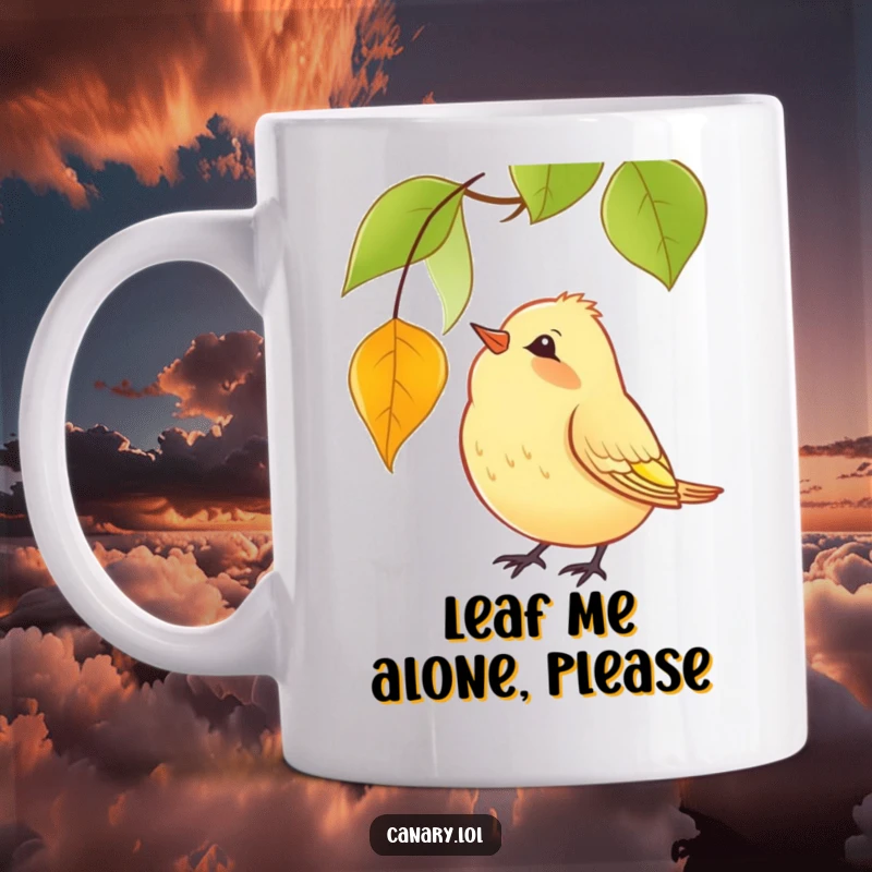 Funny Mug featuring a curious yellow canary tilting its head, intently watching a single red leaf fall from a branch in autumn.