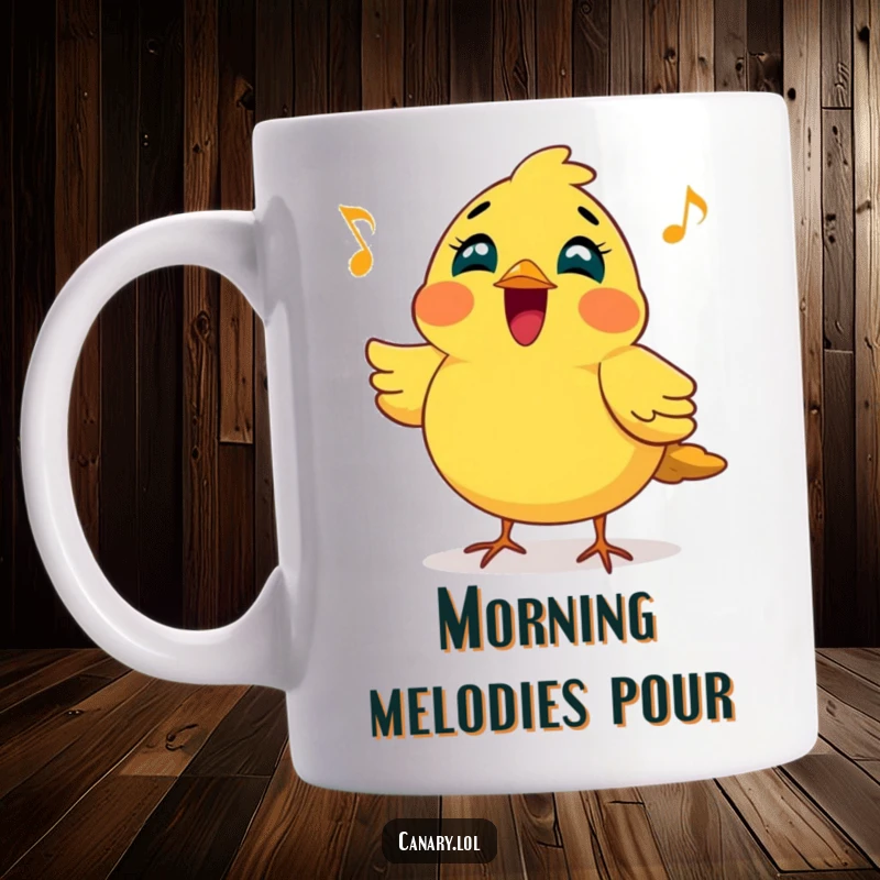 Funny mug with a cheerful canary bird puffing its chest out, joyfully singing a bright, melodic tune, perfect for happy mornings.