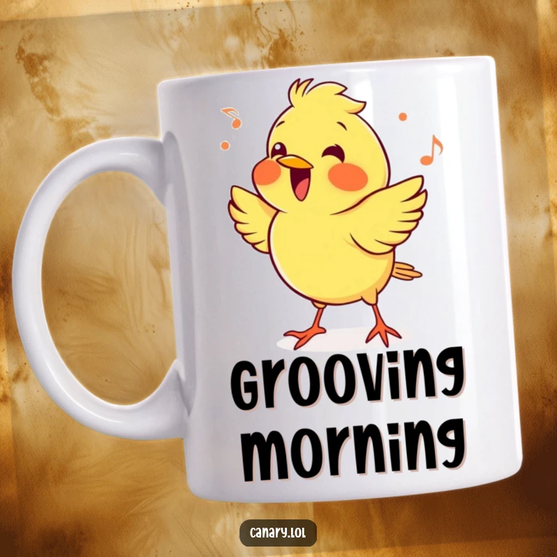 Funny cheerful canary bird mug, enthusiastically bopping its head up and down to an unseen beat. A depiction of pure musical joy.