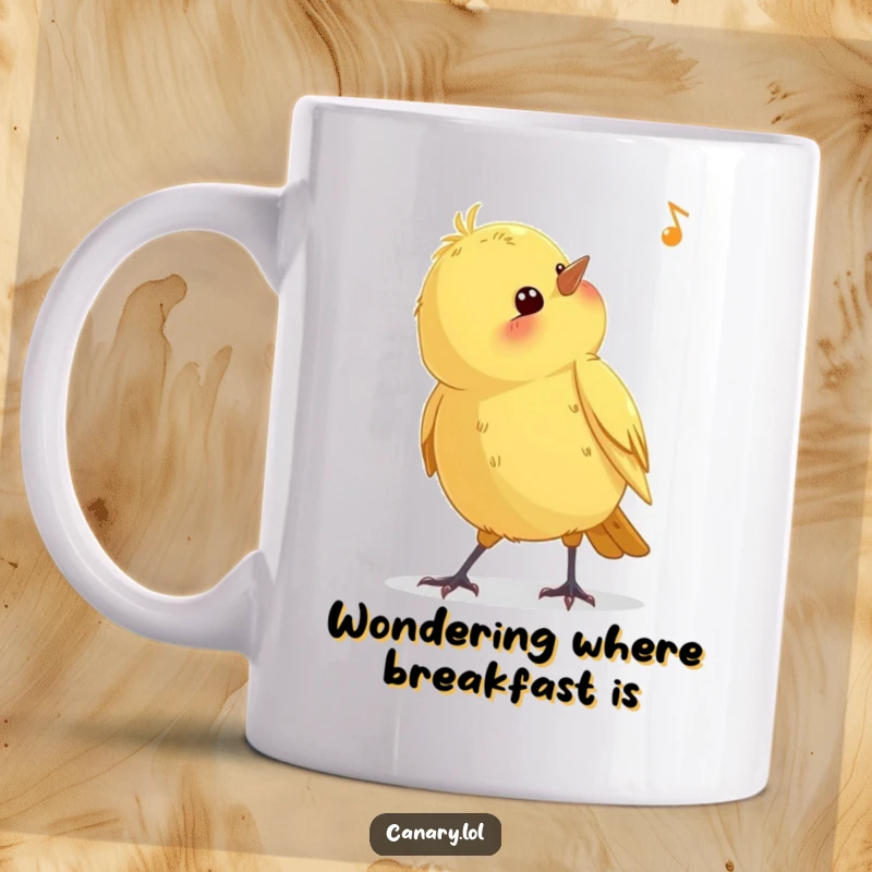 Funny canary bird mug, tilting its head curiously, listening intently to an unheard sound, a whimsical and adorable gift.