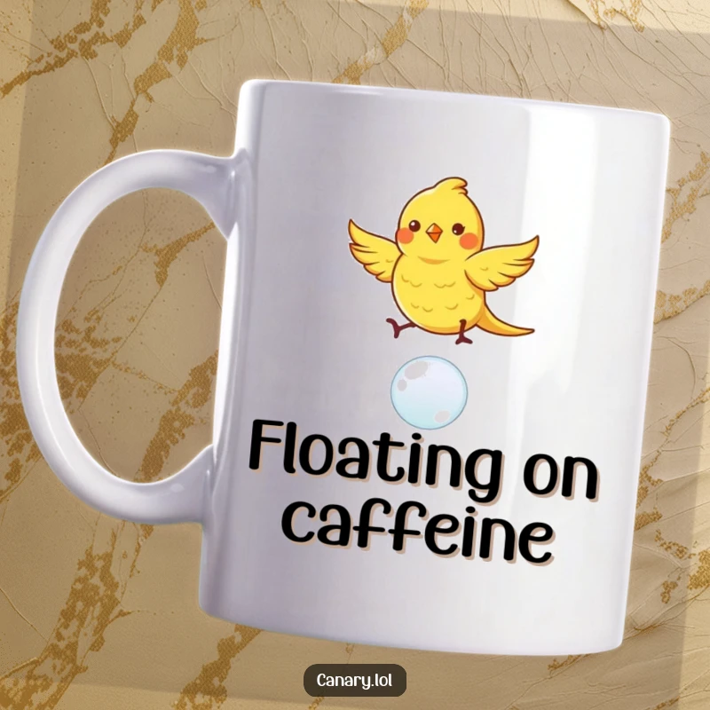 Funny canary bird mug, energetically dancing with fluttering wings on a single, bouncing bubble, showcasing whimsical joy.