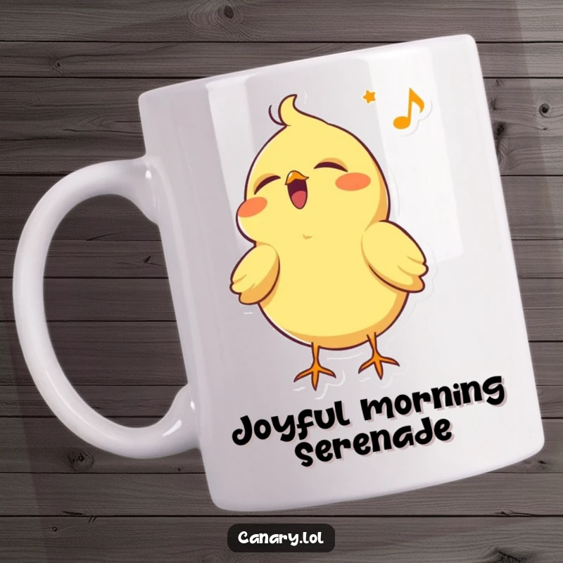 Funny canary bird mug, singing joyfully with eyes closed and head tilted back in pure happiness.