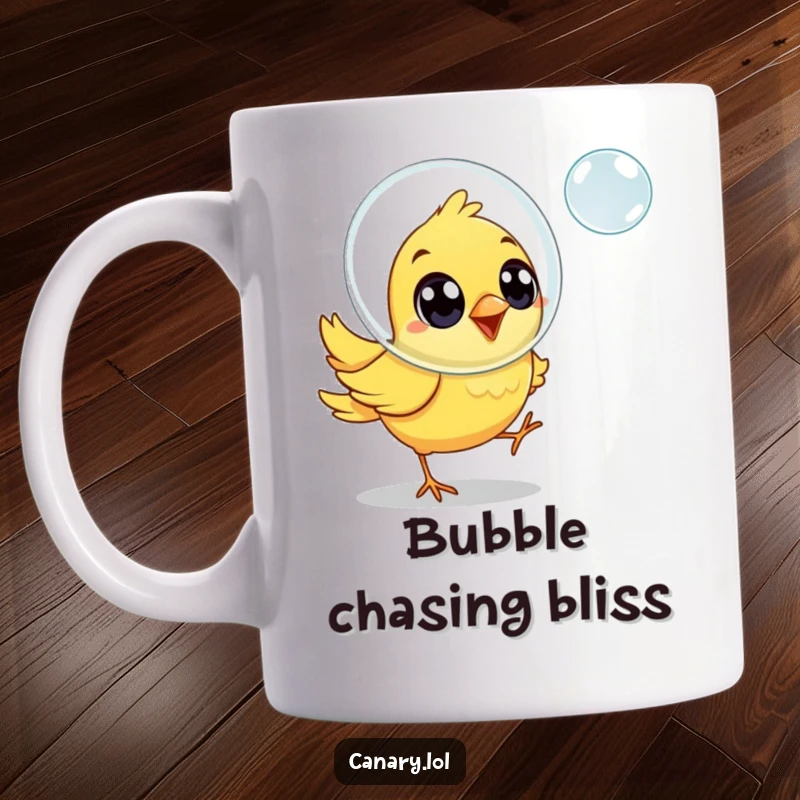 Funny canary bird mug, exaggeratedly joyful eyes, chasing a floating soap bubble, pure delight and playfulness.