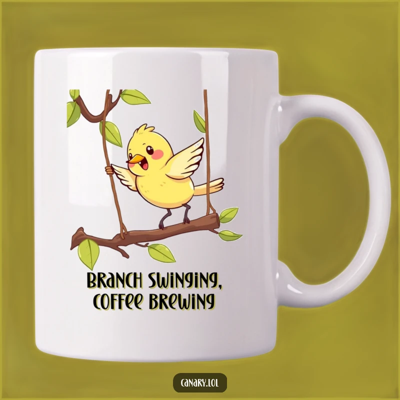 Funny Kawaii Canary Mug: Enthusiastic Bird on Swinging Branch - Perfect Gift