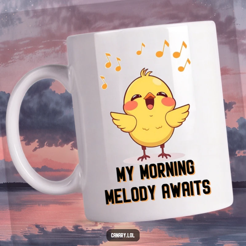 Funny kawaii canary mug with musical notes floating up, depicting a cheerful bird singing a happy tune, perfect for music lovers.