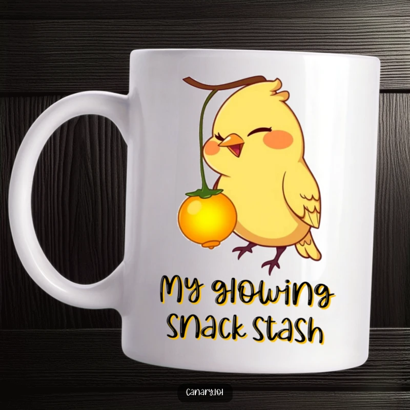 Funny canary bird mug with a mischievous grin pecking a glowing berry, capturing playful and curious moments.