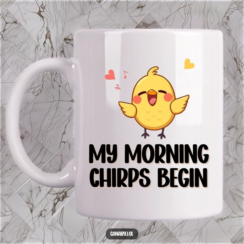 Funny Mug featuring a small, yellow bird with a large, open beak singing joyfully, radiating pure happiness and cheerful melody.