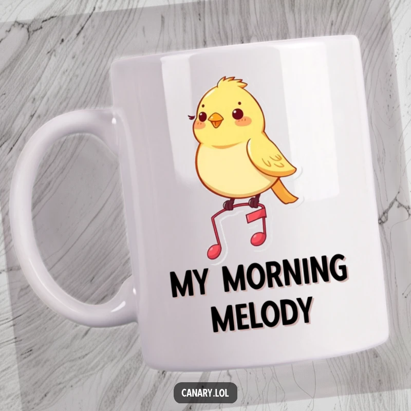 Funny canary bird mug, a content yellow bird resting peacefully on a tiny musical note, looking very pleased.