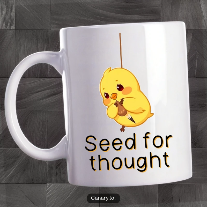 Funny Canary Mug: Bright yellow bird playfully pecking at a dangling seed, capturing focus and enjoyment of food.