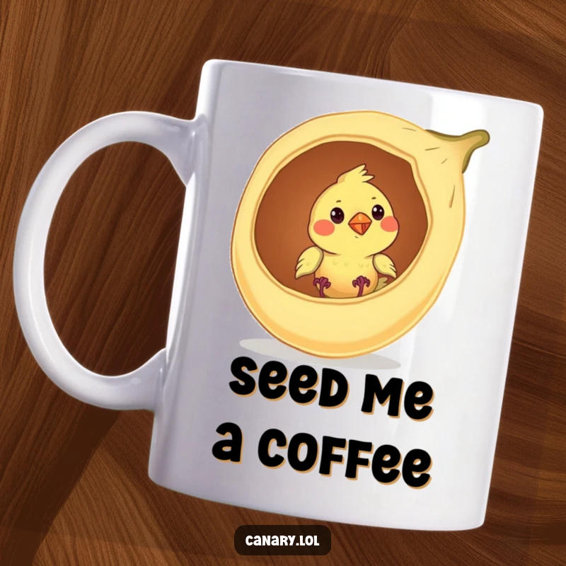 Funny canary bird mug, curiously peeking from inside a giant, open seed pod, showcasing a playful discovery.