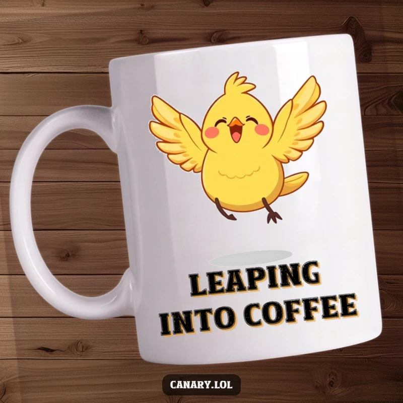 Funny Mug: A cheerful canary bird with wings spread wide takes a happy, energetic leap, embodying freedom and joy.