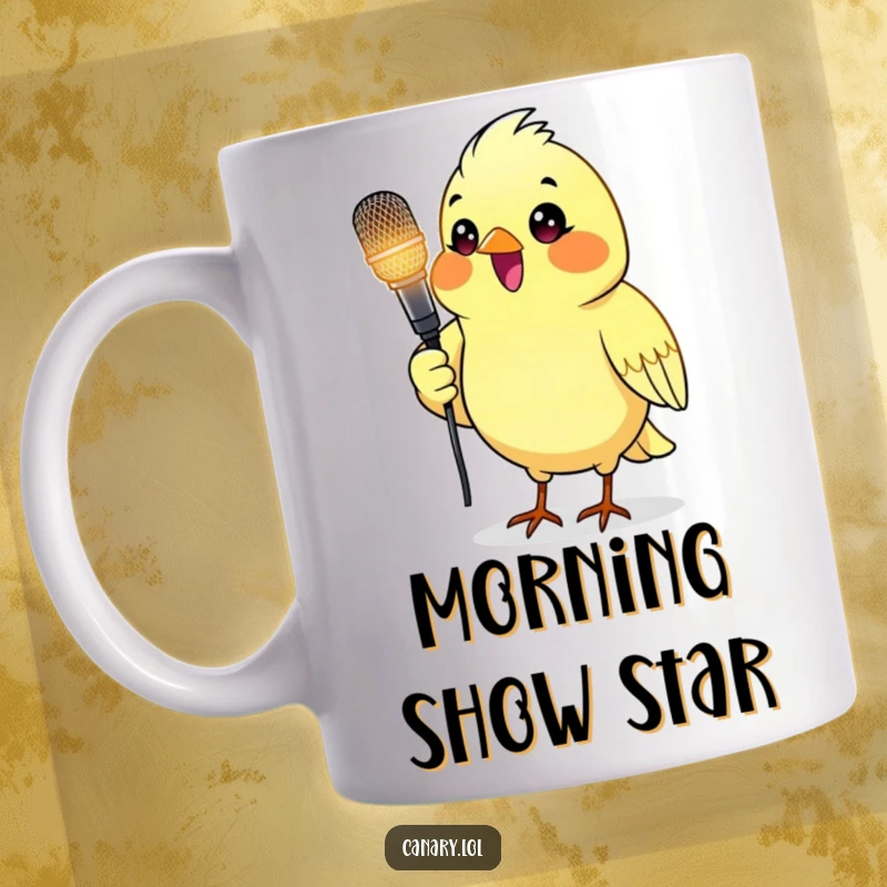 Funny mug with a delighted canary bird holding a glowing microphone, ready to perform its heart out.