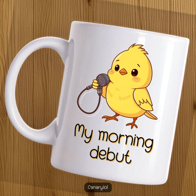 Funny Mug showcasing a small yellow canary dramatically posing with a twig held like a microphone, ready to sing its heart out.