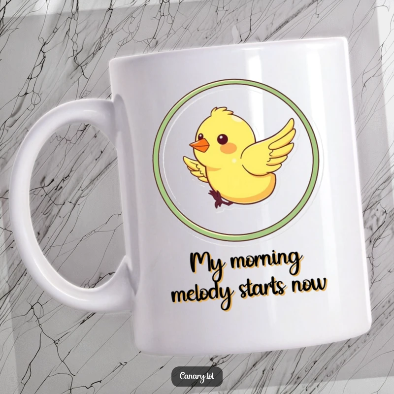 Funny mug featuring a cheerful canary mid-flight, joyfully chirping while doing a perfect loop-the-loop, conveying pure, unadulterated happiness.