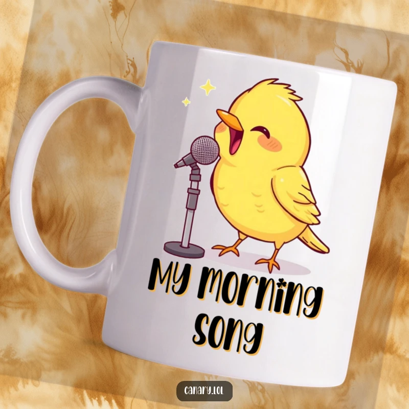 Funny Mug: A beaming canary chirps with infectious enthusiasm into a tiny microphone, radiating pure, humorous delight.