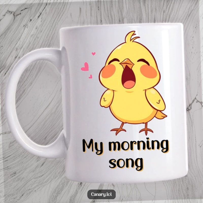 Funny mug depicting a tiny canary singing its heart out with its mouth wide open, a symbol of passionate vocal performance.