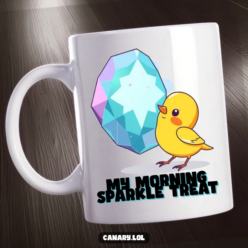 Funny mug of a small canary bird pecking curiously at a huge, sparkling diamond gem, showcasing its inquisitive and humorous nature.