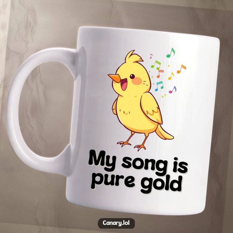 Funny canary mug spilling a vibrant rainbow of musical notes, symbolizing joy and artistic expression.