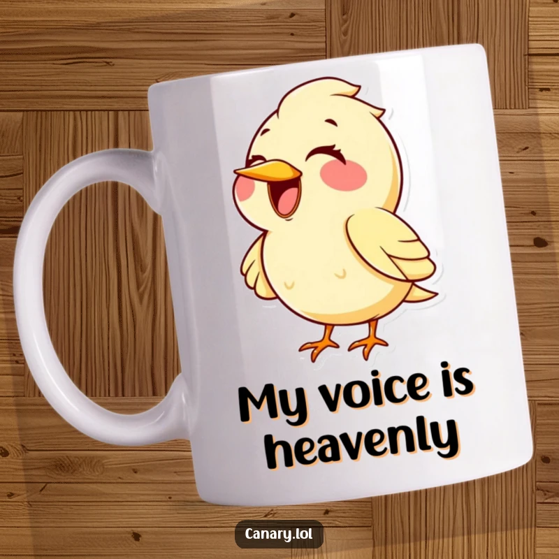 Funny kawaii canary bird mug with a huge smile, belting out a high note with pure joy. A delightful gift for music lovers.
