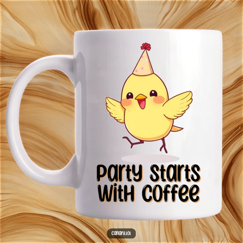 Funny mug featuring a tiny canary wearing a party hat, bouncing enthusiastically, radiating festive joy.