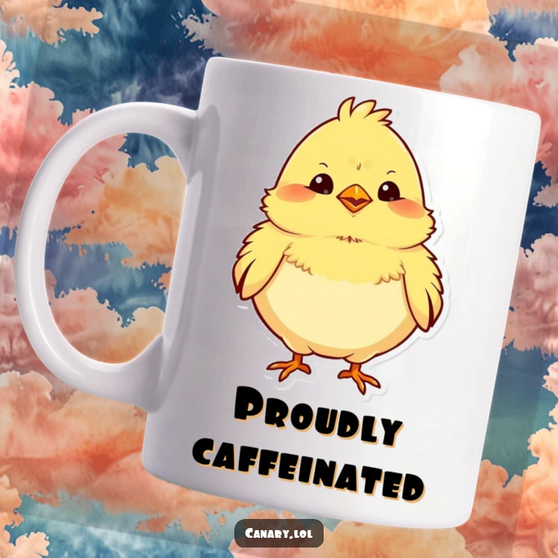 Funny mug showcasing a plump yellow canary puffing out its chest with pride, exuding self-assurance and charm.