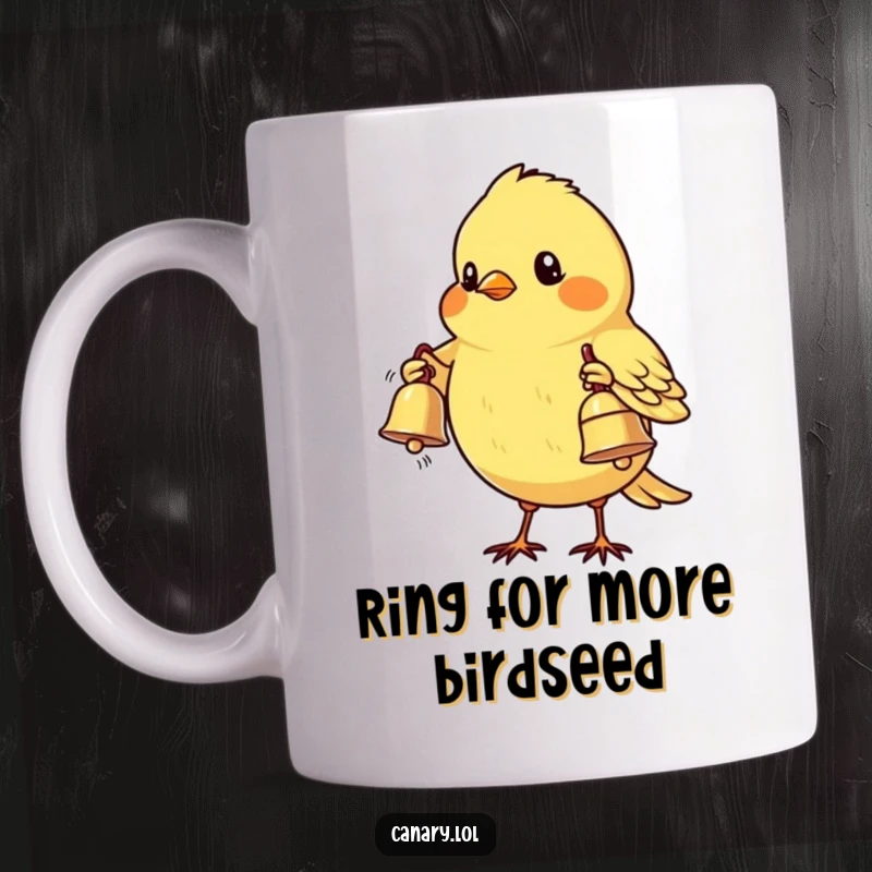 Funny Canary Bird Mug: A shy little bird gently offers a shiny bell with its wing, showcasing a sweet and humorous personality.