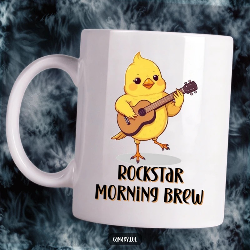 Funny Canary Guitar Mug features a small yellow bird playing a miniature guitar with its feet, grooving to the music.