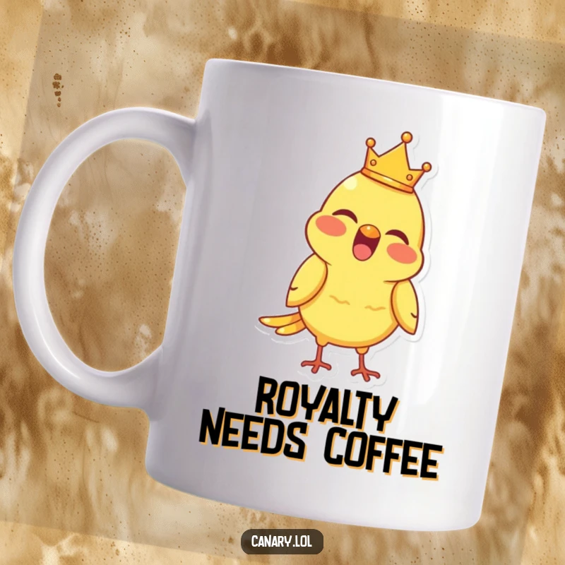 Funny Mug featuring a joyful canary bird wearing a tiny crown, chirping merrily with a happy expression.