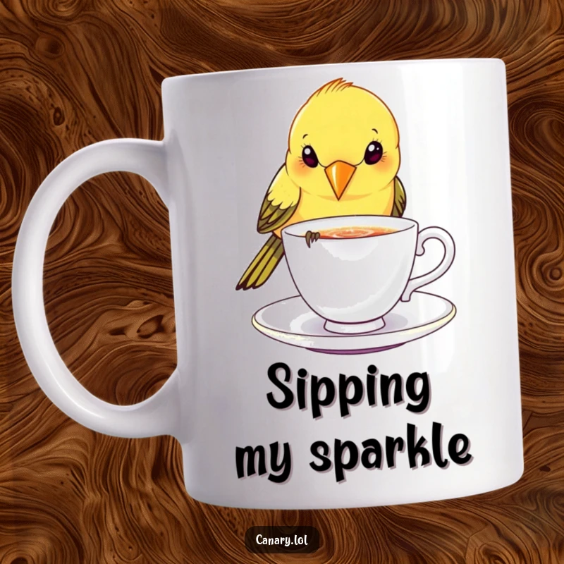 Funny canary bird mug, playfully dipping beak into a tiny, sparkling teacup, elegant and humorous tea time.