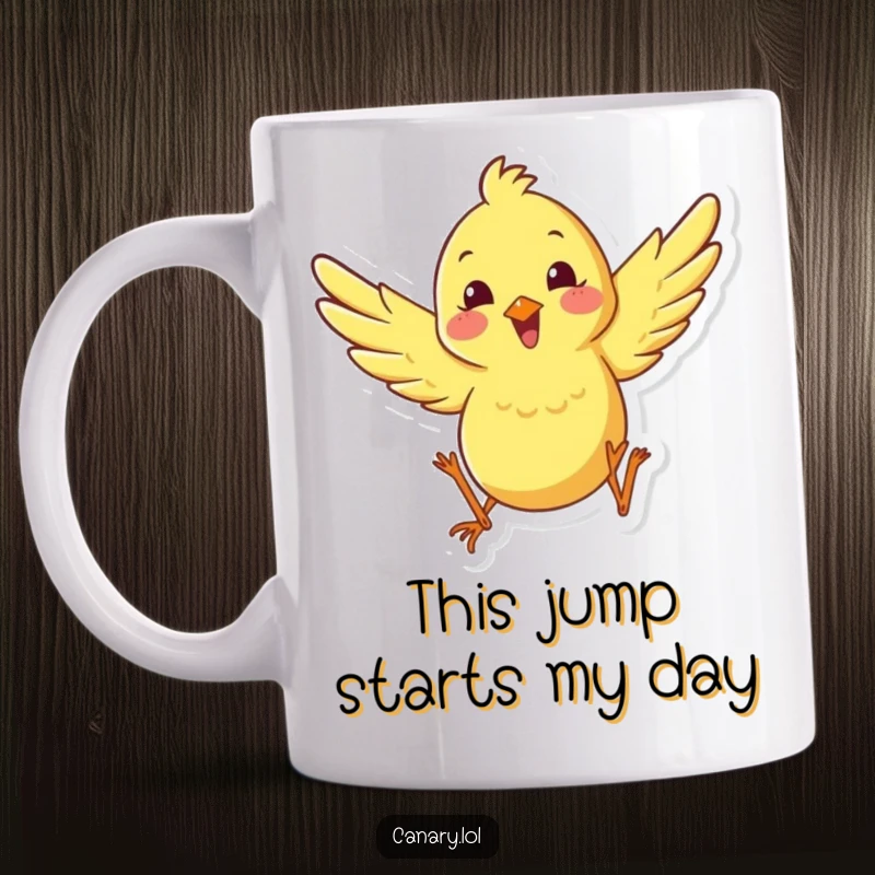 Funny happy canary mug with wings spread in a joyful leap, conveying pure exhilaration and humor for a delightful beverage experience.