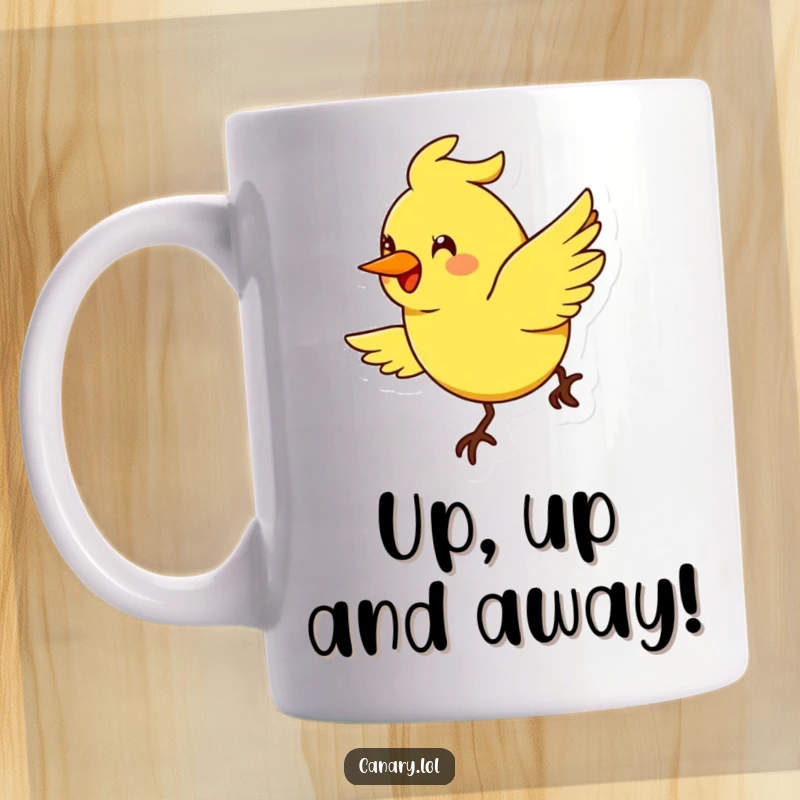 Funny stylized canary bird mug, exaggerated smile, flying in a cheerful arc, joyful avian design, humorous art.