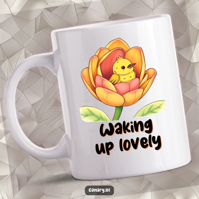 Funny peek-a-boo canary mug, cute bird peeking from inside a giant colorful flower bud, delightful surprise.