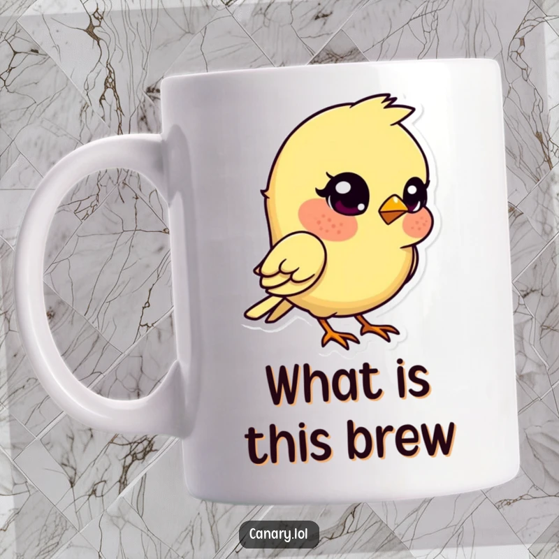 Funny kawaii canary bird mug, head tilted quizzically, a humorous and intriguing design for coffee lovers.