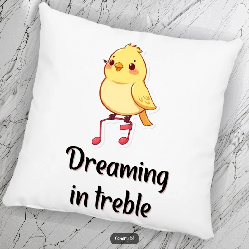 Funny canary pillow with a pleased yellow bird sitting on a tiny musical note, offering comfort and charm.