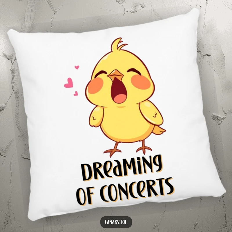 Funny pillow showcasing a tiny canary singing with its mouth wide open, offering plush comfort and a humorous musical touch.