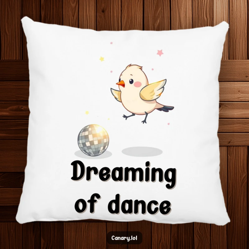 Funny decorative pillow with a bird hopping ecstatically around a shiny disco ball, bringing disco vibes home.
