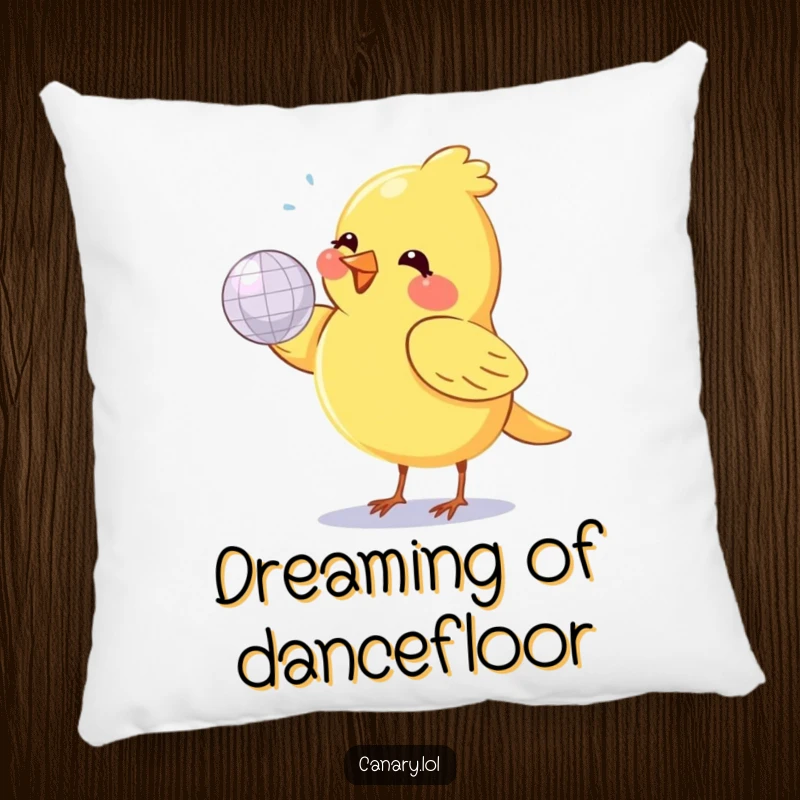 Funny canary bird, small and round, joyfully spinning a shiny disco ball, on a soft decorative pillow.
