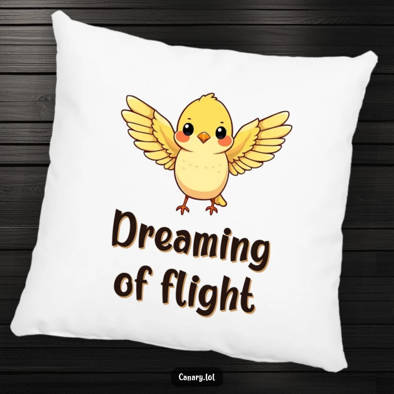 Funny pillow design of a cute yellow canary spreading its wings wide, ready for flight, providing comfort and inspiration.