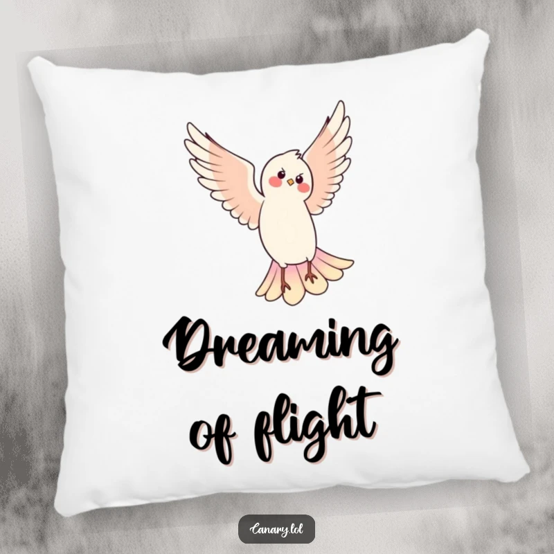 Funny decorative pillow showcasing a bird gracefully pirouetting in the air, offering comfort and humorous avian charm.