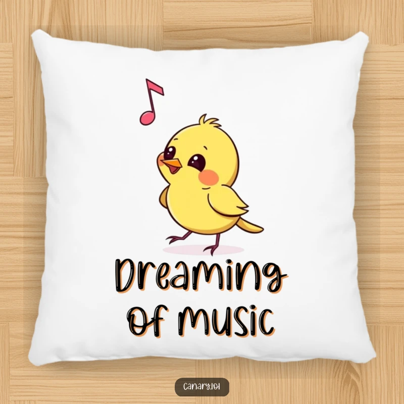 Funny Pillow featuring a canary pecking at a floating musical note with mischievous glee, creating a cozy and playful atmosphere perfect for music lovers.