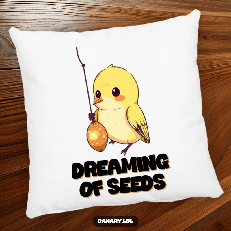 Funny Pillow with a curious canary bird intently pecking at a dangling, sparkling seed, adding a touch of whimsy.